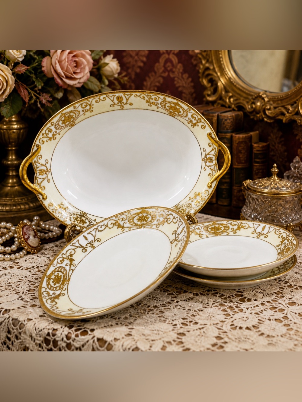 Noritake (Morimura) Gold Encrusted Oval Bowl & 3 Small Plates Set Antique Japan